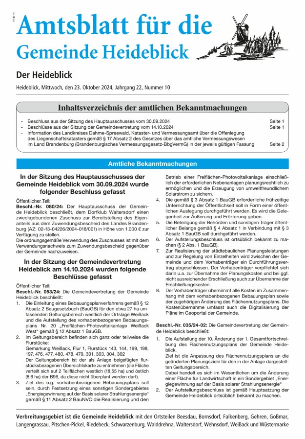 Amtsblatt für die Gemeinde Heideblick - Der Heideblick Titelblatt 10/2024