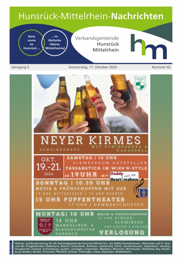 Hunsrück-Mittelrhein Nachrichten Ausgabe St Goar Oberwesel Titelblatt 42/2024