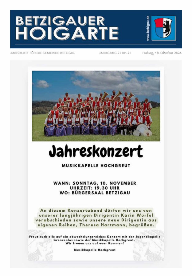 Betzigauer Hoigarte Amtsblatt der Gemeinde Betzigau Titelblatt 21/2024