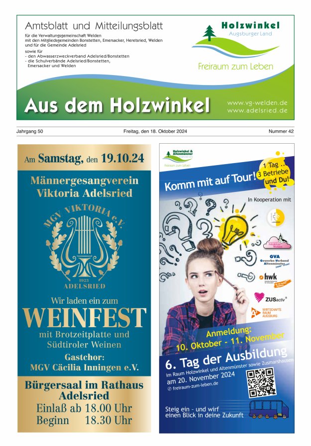 Aus dem Holzwinkel Amtsblatt u Mitteilungsblatt f VG Welden u GemAdelsried Titelblatt 42/2024
