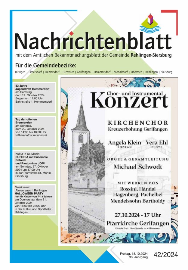 Nachrichtenblatt Rehlingen-Siersburg Titelblatt 42/2024