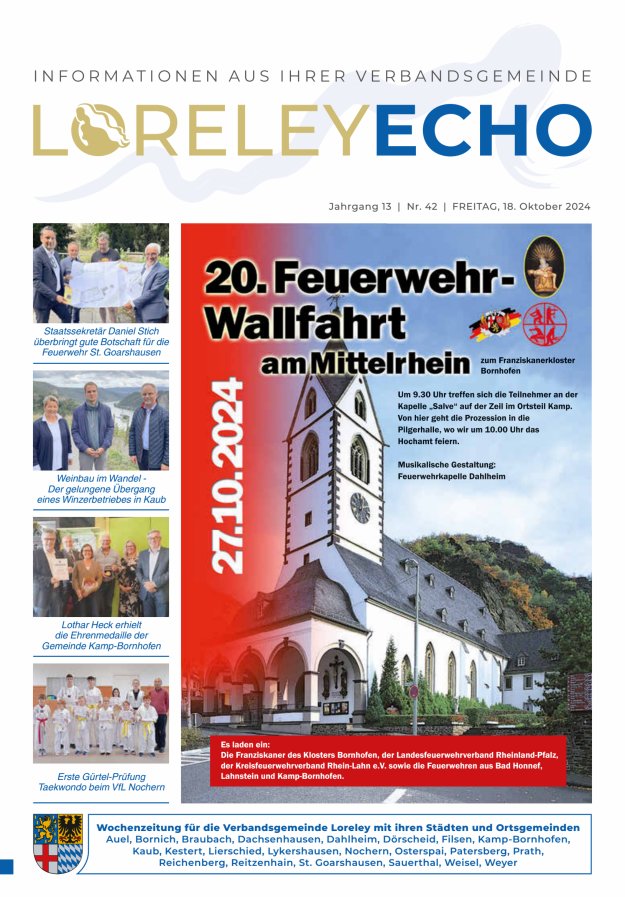 Loreley-Echo - Mitteilungsblatt der Verbandsgemeinde Loreley (Braubach) Titelblatt 42/2024