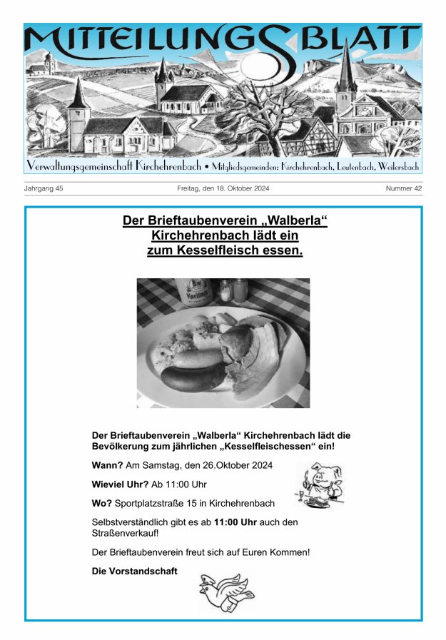 Mitteilungsblatt Verwaltungsgemeinschaft Kirchehrenbach Titelblatt 42/2024