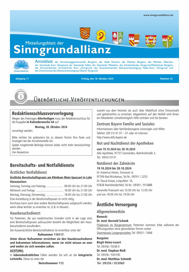 Mitteilungsblatt der Sinngrundallianz Titelblatt 42/2024
