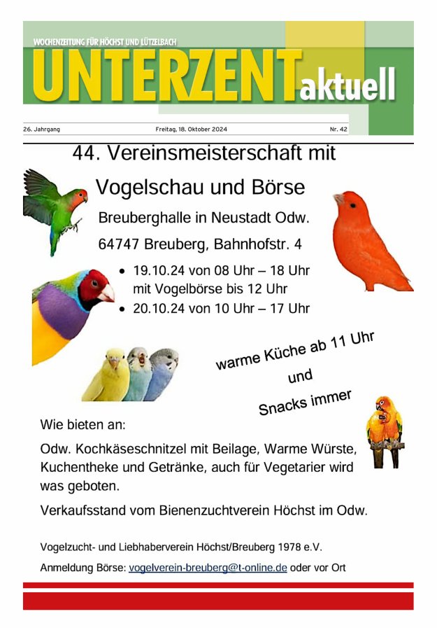 Unterzent aktuell Wochenzeitung für Höchst und Lützelbach Titelblatt 42/2024