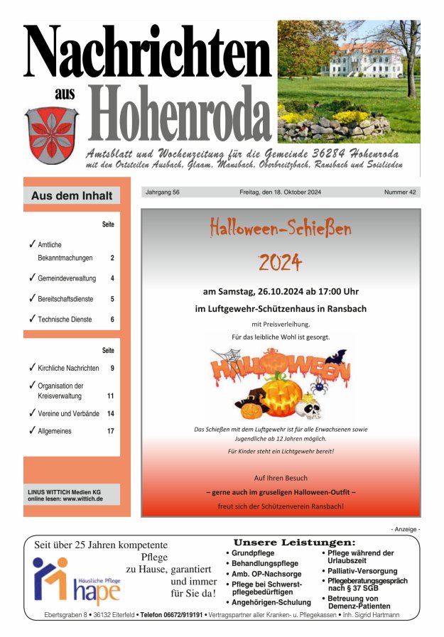 Nachrichten aus Hohenroda Titelblatt 42/2024
