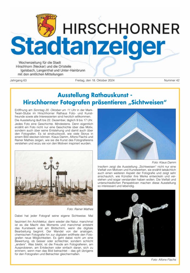 Hirschhorner Stadtanzeiger Titelblatt 42/2024