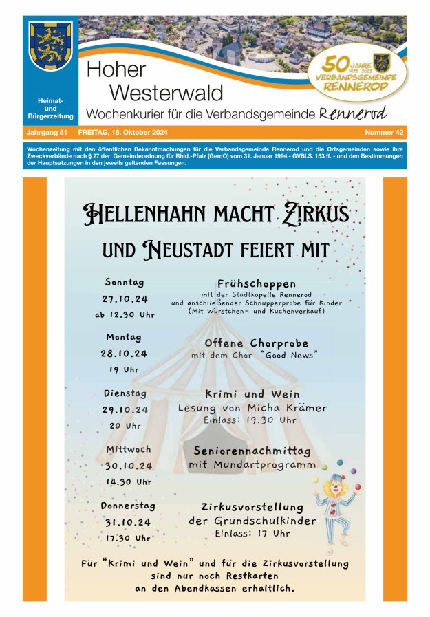Hoher Westerwald - Wochenkurier für die Verbandsgemeinde Rennerod Titelblatt 42/2024