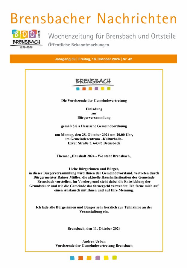 Brensbacher Nachrichten Titelblatt 42/2024