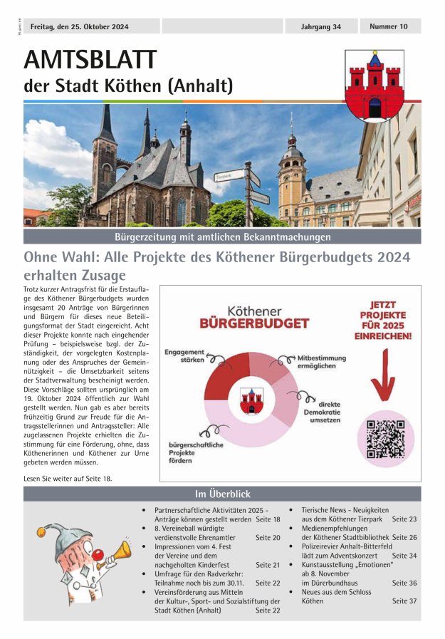 Amtsblatt der Stadt Köthen (Anhalt) – Bürgerzeitung mit amtlichen Bekanntmachungen Titelblatt 10/2024