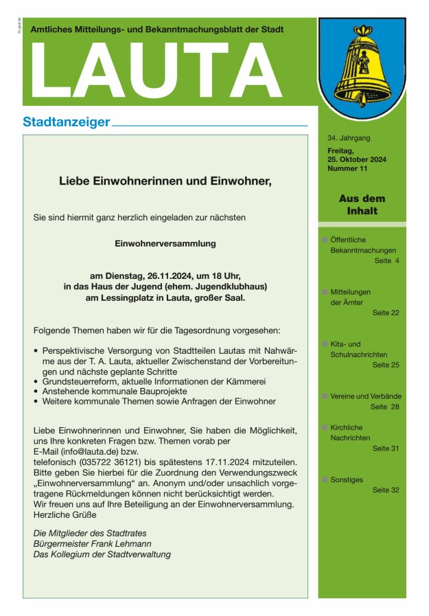 Amtliches Mitteilungs- und Bekanntmachungsblatt der Stadt Lauta - Stadtanzeiger Titelblatt 11/2024