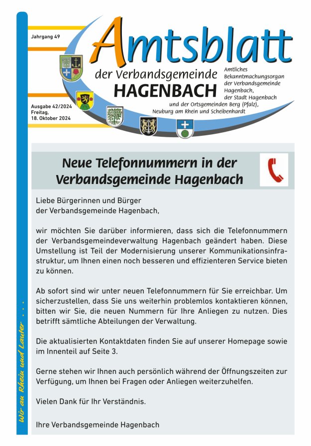 Amtsblatt der VG Hagenbach Titelblatt 42/2024