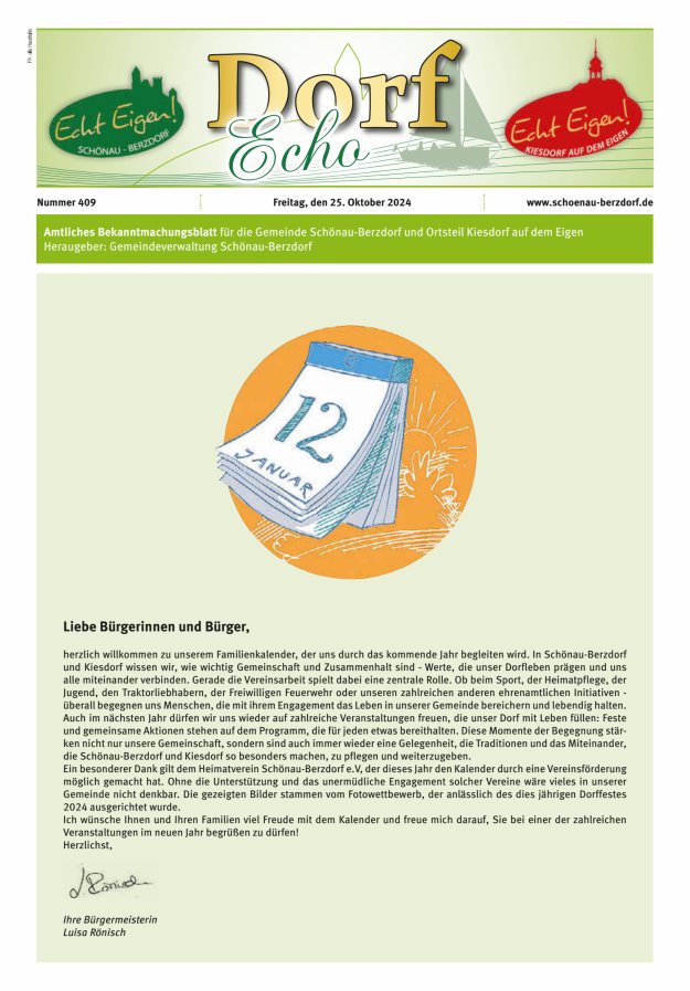 Dorfecho Amtliches Bekanntmachungsblatt für die Gemeinde Schönau-Berzdorf und OT Titelblatt 409/2024