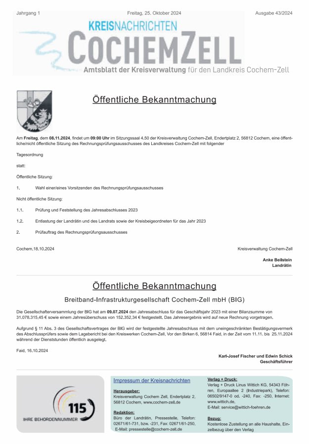 Kreisnachrichten Cochem-Zell Titelblatt 43/2024