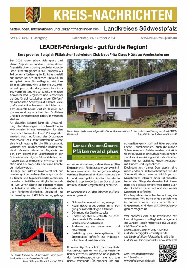 Kreis-Nachrichten - Mitteilungen des Landkreises Südwestpfalz Titelblatt 43/2024