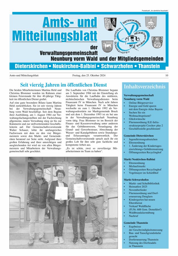 Amts- u Mitteilungsblatt der VG Neunburg vorm Wald u d Mitgliedsgemeinden Titelblatt 10/2024