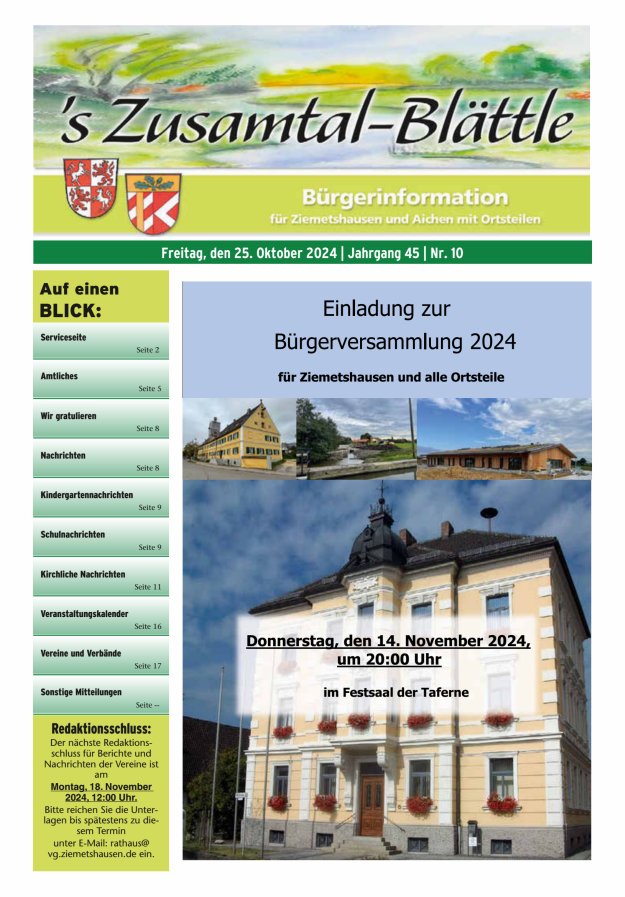 's Zusamtal-Blättle Bürgerinformationen für Ziemetshausen und Aichen mit OTen Titelblatt 10/2024