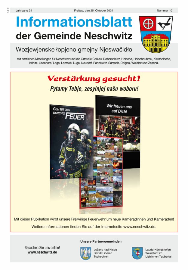 Informationsblatt der Gemeinde Neschwitz mit amtlichen Mitteilungen Titelblatt 10/2024