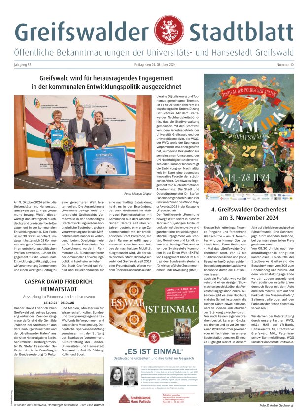Greifswalder Stadtblatt Titelblatt 10/2024