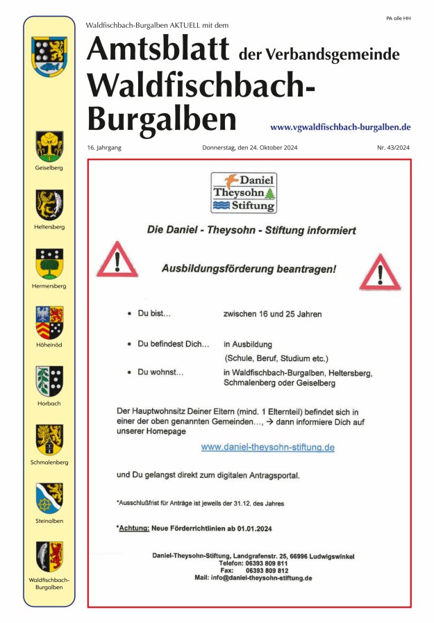 Amtsblatt der Verbandsgemeinde Waldfischbach-Burgalben Titelblatt 43/2024