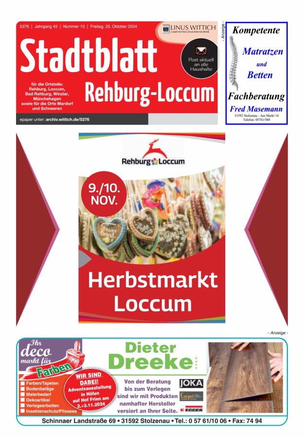 Stadtblatt Rehburg-Loccum Titelblatt 10/2024