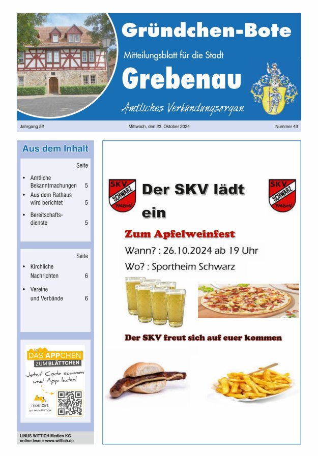Grebenau - Gründchen Bote - Mitteilungsblatt für die Stadt Grebenau Titelblatt 43/2024