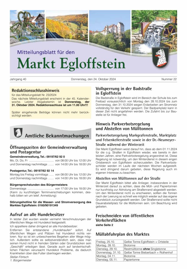 Mitteilungsblatt für den Markt Egloffstein Titelblatt 22/2024