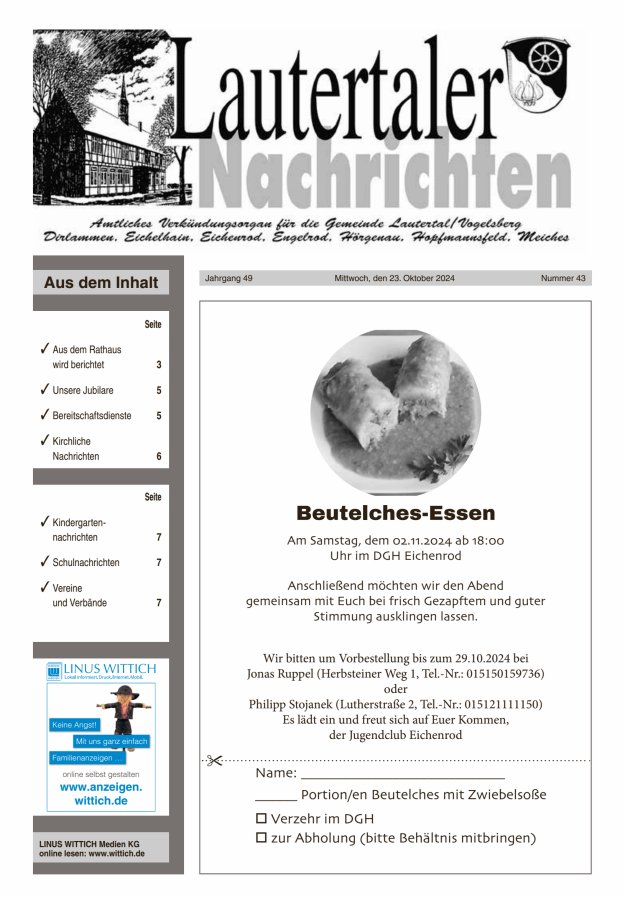 Lautertaler Nachrichten Titelblatt 43/2024
