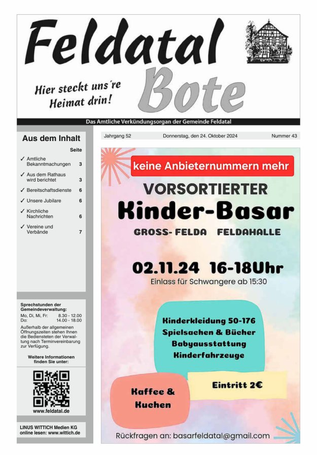 Das Amtliche Verkündungsorgan der Gemeinde Feldatal Titelblatt 43/2024