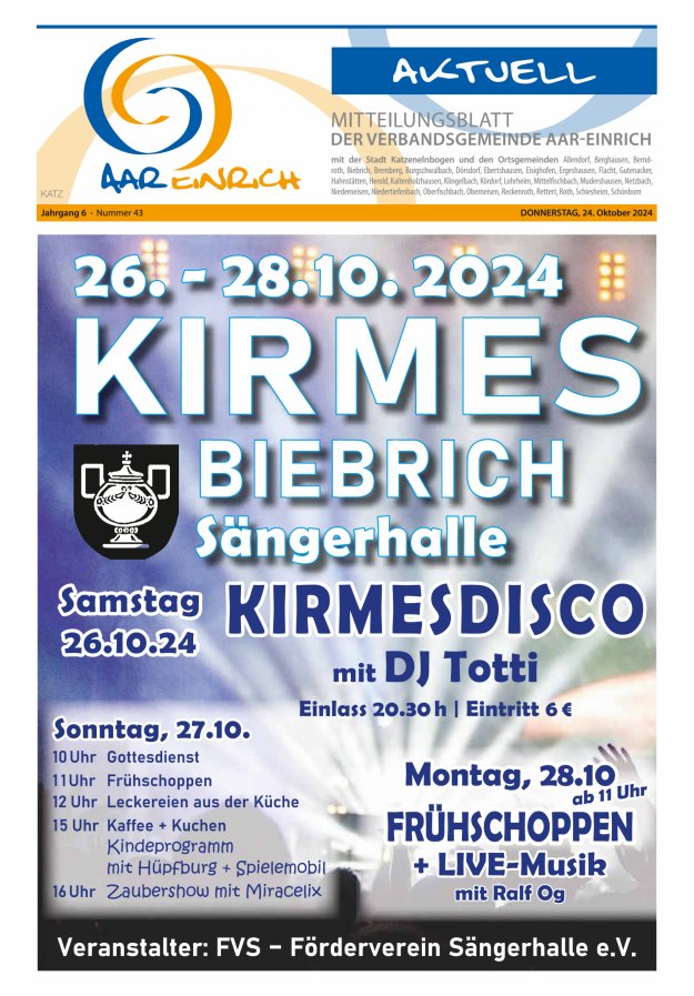 Mitteilungsblatt der Verbandsgemeinde Aar-Einrich Ausgabe Katzenelnbogen Titelblatt 43/2024