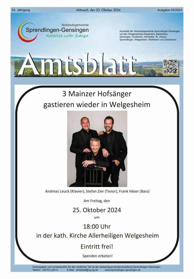 Amtsblatt VG Sprendlingen-Gensingen Titelblatt 43/2024