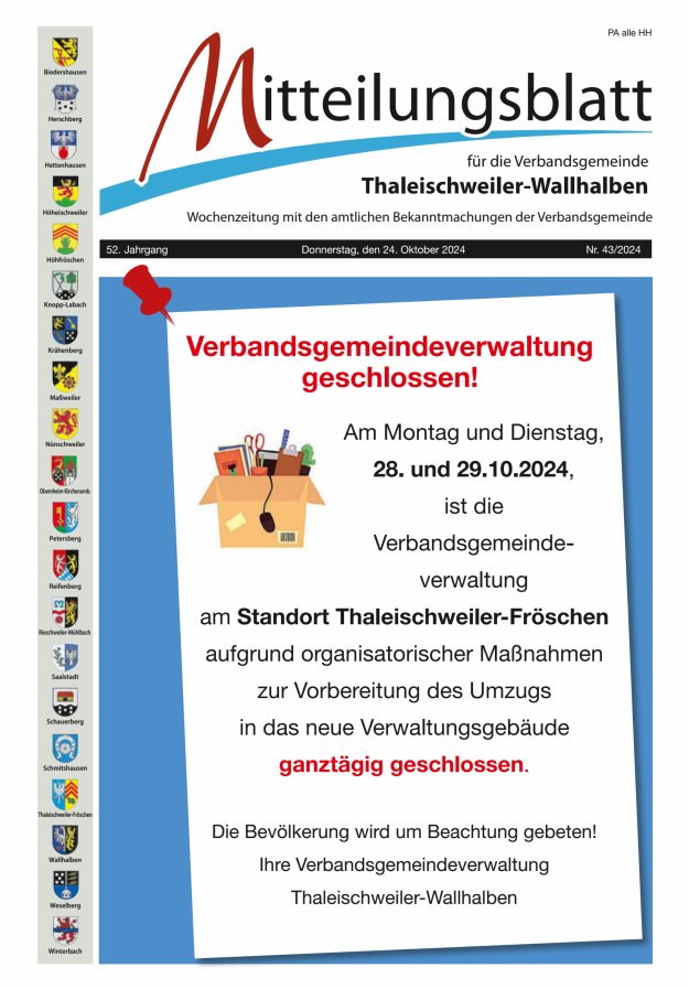 Mitteilungsblatt VG Thaleischweiler-Wallhalben Titelblatt 43/2024