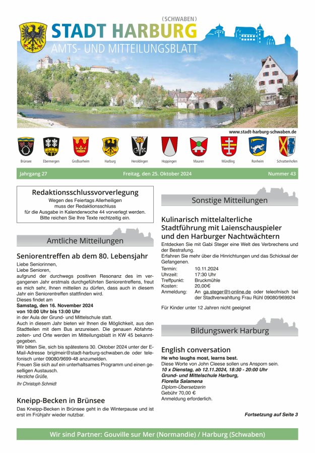Amts- und Mitteilungsblatt der Stadt Harburg Titelblatt 43/2024