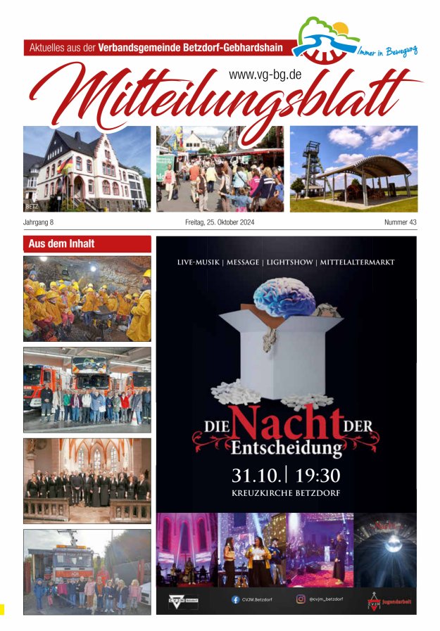 Aktuelles aus der VG Betzdorf-Gebhardshain, Ausgabe Betzdorf Titelblatt 43/2024