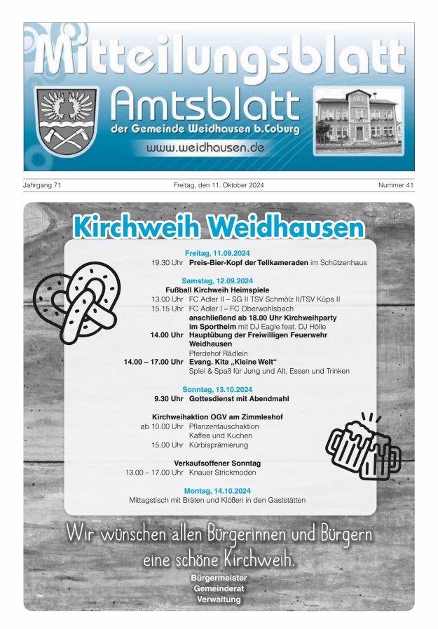 Mitteilungsblatt - Amtsblatt der Gemeinde Weidhausen b Coburg Titelblatt 41/2024