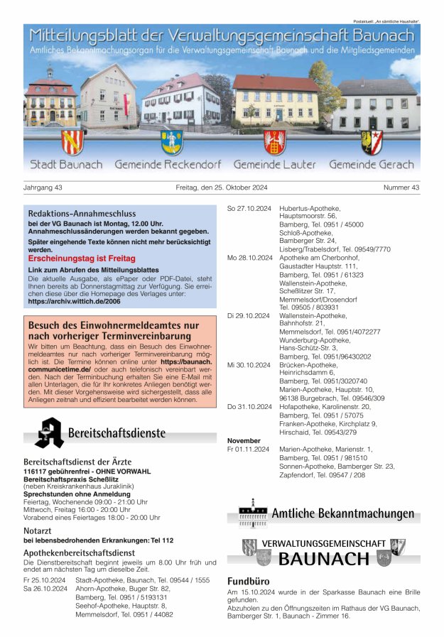 Mitteilungsblatt Verwaltungsgemeinschaft Baunach Titelblatt 43/2024