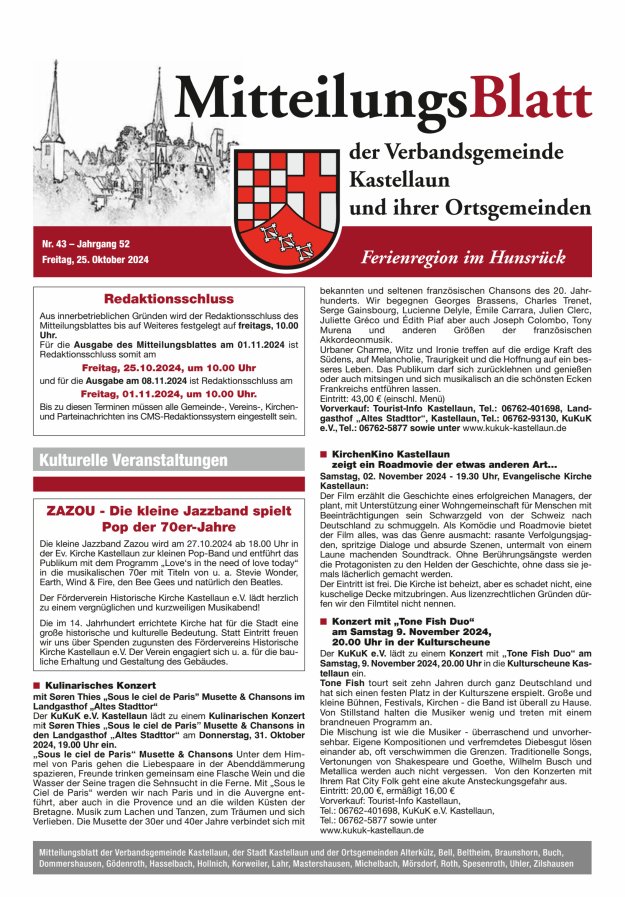 Mitteilungsblatt Kastellaun Titelblatt 43/2024