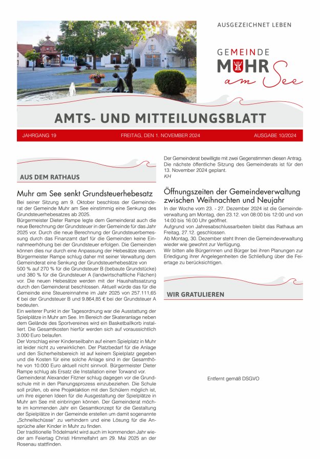 Muhrer Heimatbrief Amts- u Mitteilungsblatt der Gemeinde Muhr a See Titelblatt 10/2024
