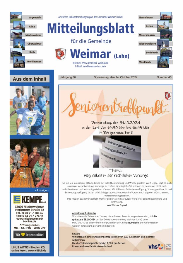 Mitteilungsblatt für die Gemeinde Weimar Titelblatt 43/2024