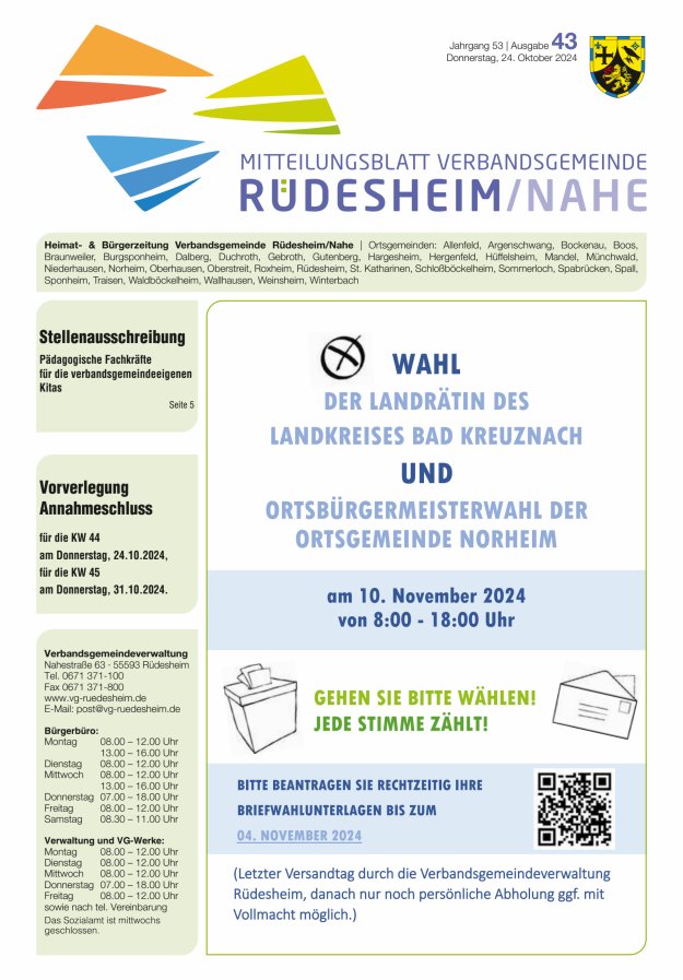 Mitteilungsblatt Verbandsgemeinde Rüdesheim und zugehörige Ortsgemeinden Titelblatt 43/2024