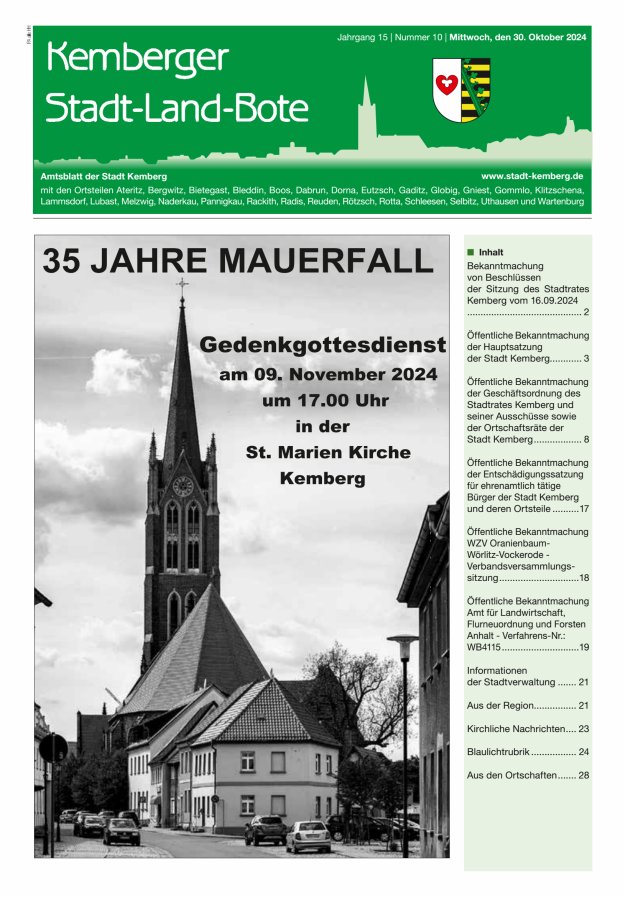 Kemberger Stadt-Land-Bote Amtsblatt der Stadt Kemberg Titelblatt 10/2024