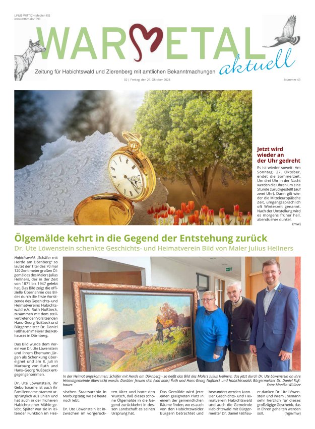 Warmetal aktuell (Habichtswald + Zierenberg) Titelblatt 43/2024
