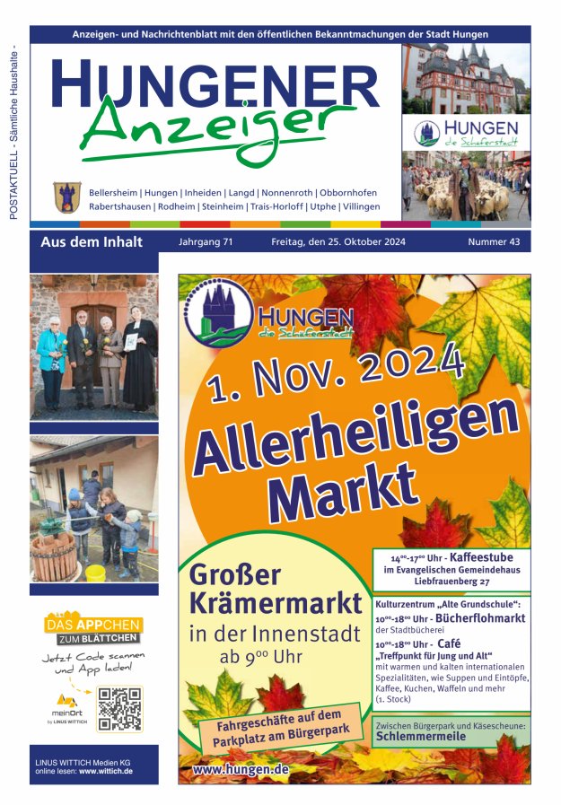 Anzeigen- und Nachrichtenblatt mit den öff  Bekanntmachungen der Stadt Hungen Titelblatt 43/2024