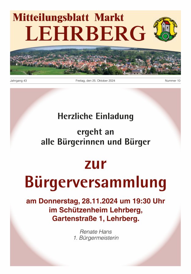 Mitteilungsblatt Markt Lehrberg Titelblatt 10/2024