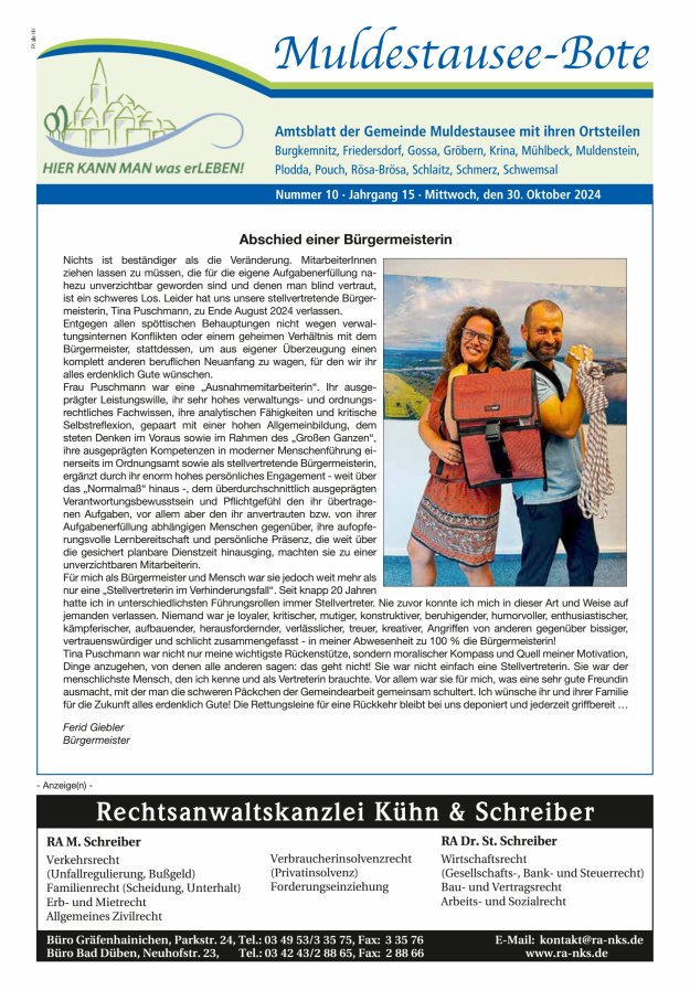Muldestausee-Bote – Amtsblatt der Gemeinde Muldestausee mit ihren Ortsteilen Titelblatt 10/2024