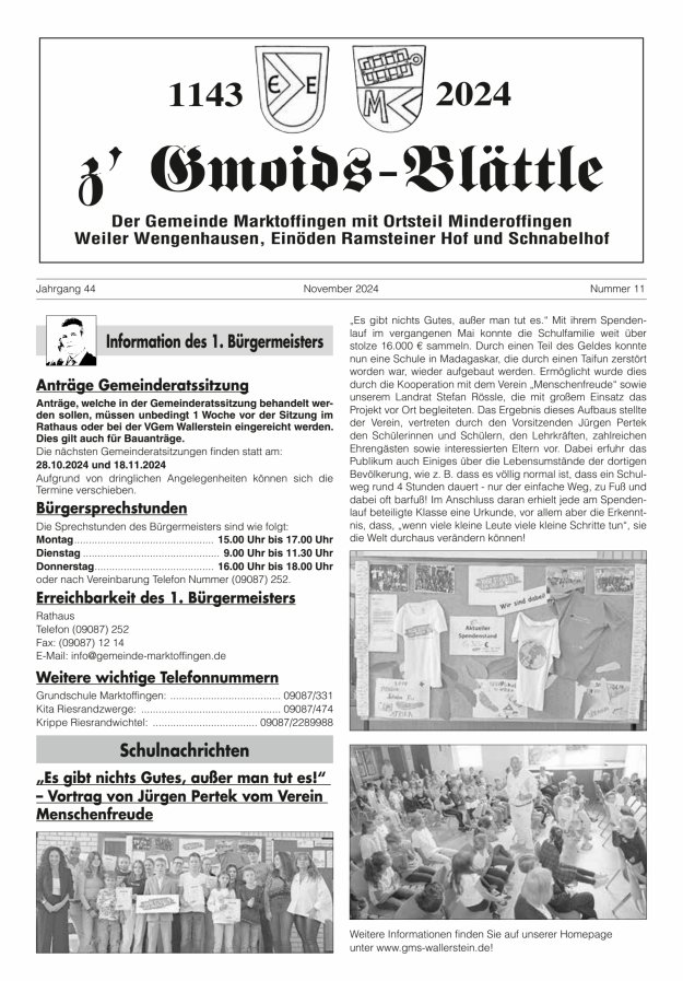 z'Gmoids-Blättle der Gemeinde Marktoffingen mit Ortsteilen Titelblatt 11/2024