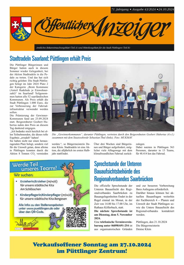 Öffentlicher Anzeiger - Stadt Püttlingen Titelblatt 43/2024