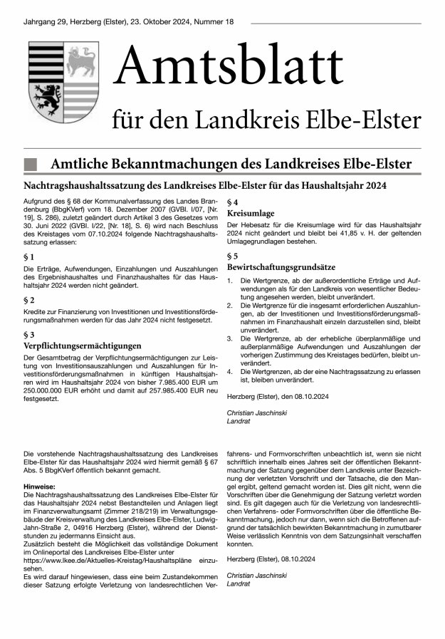 Amtsblatt für den Landkreis Elbe-Elster Titelblatt 18/2024