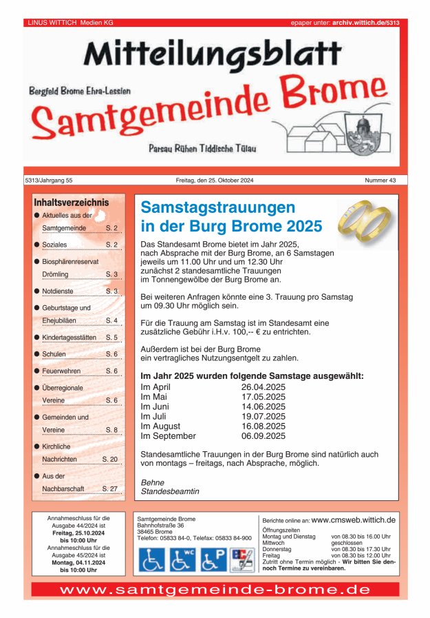 Mitteilungsblatt der Samtgemeinde Brome Titelblatt 43/2024