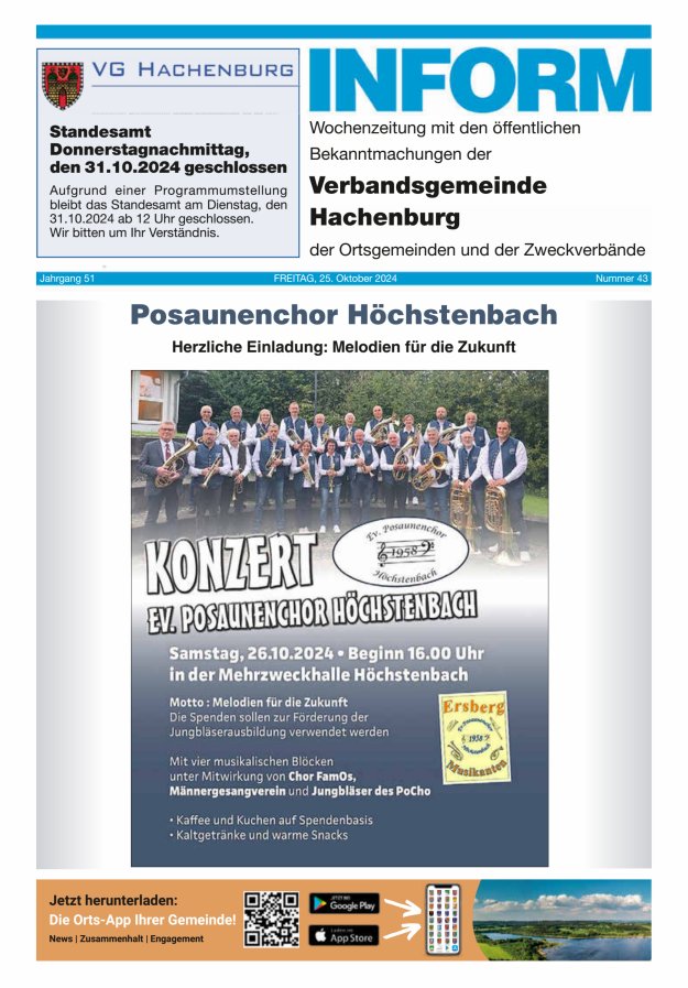 INFORM - Wochenzeitung der Verbandsgemeinde Hachenburg Titelblatt 43/2024